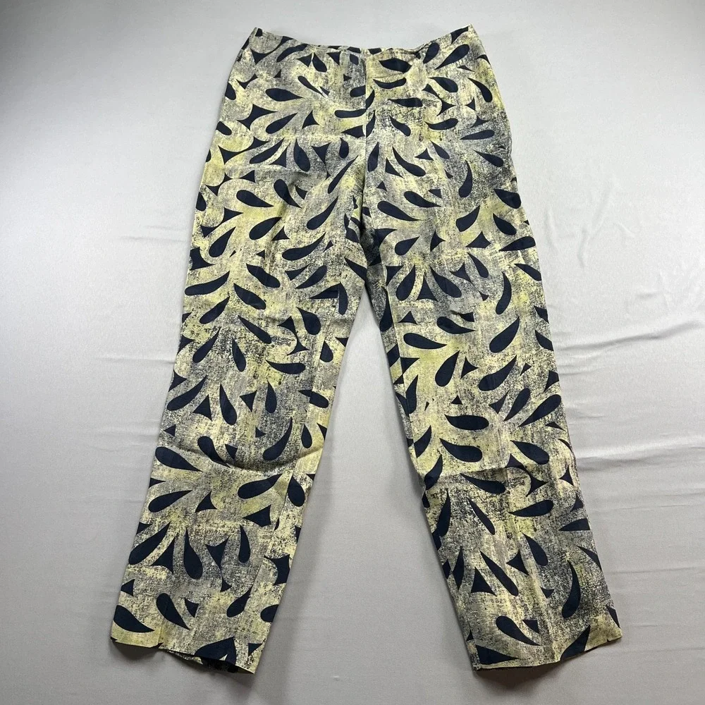 Sigrid Olsen Pants Womens 8 Yellow Black Abstract Linen Side Zip Straight Leg